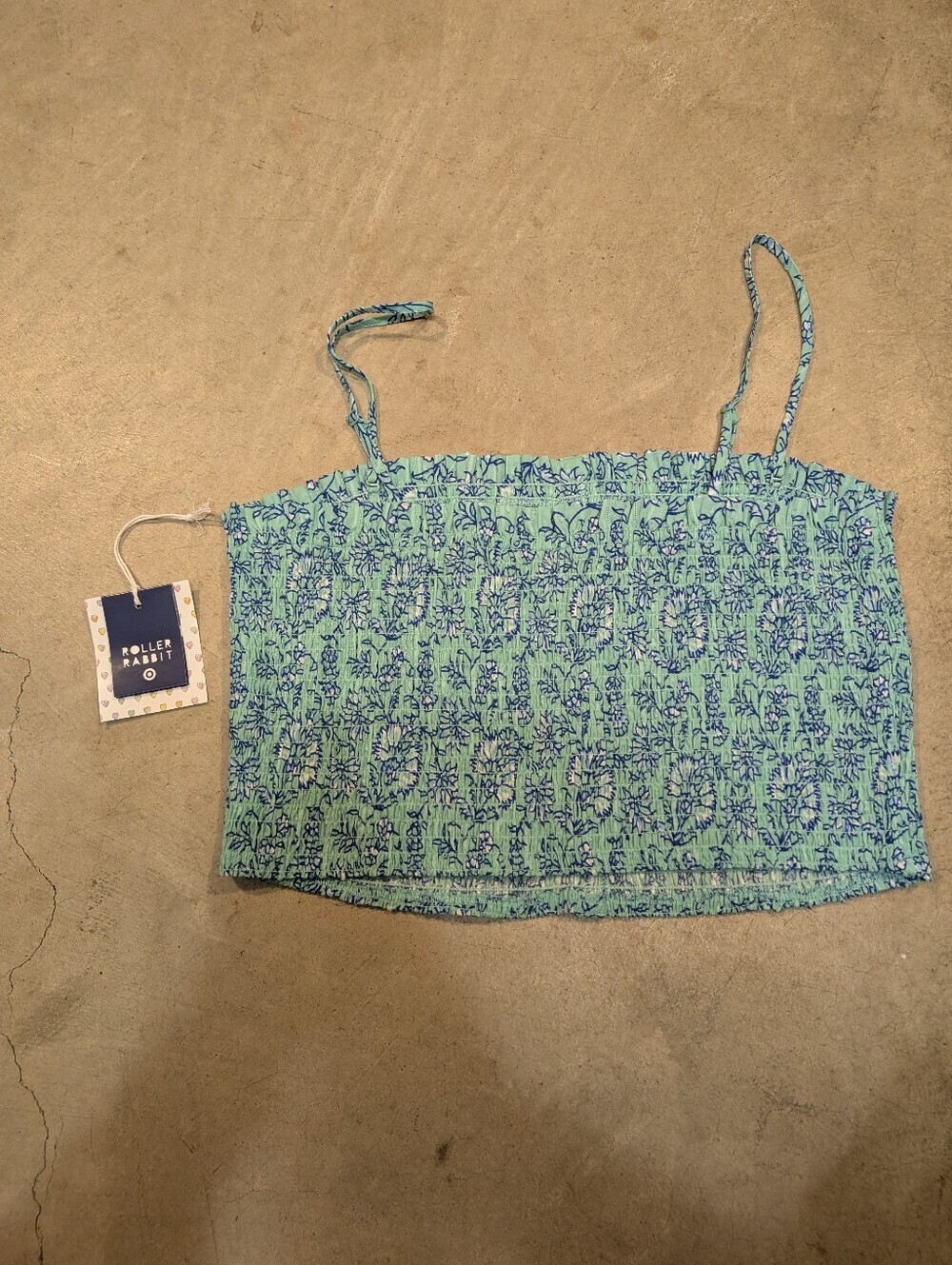 NWT Roller Rabbit Blue-Green Smocked Floral Cropped Tank Women's L